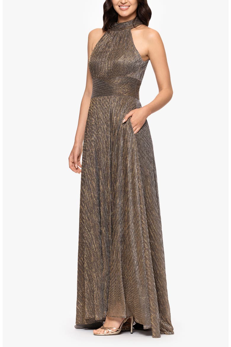 Halter Neck Sleeveless Crinkled Metallic A-Line Gown, Alternate, color, MOCHA/ GOLD