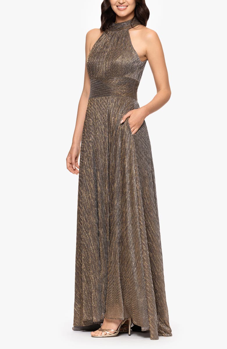 Betsy & Adam Halter Neck Sleeveless Crinkled Metallic A-Line Gown, Alternate, color, Mocha/ Gold