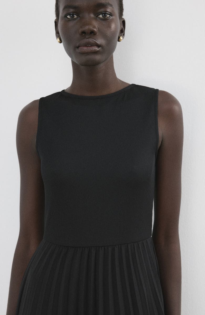 MANGO Belted Pleated Sleeveless Midi Dress, Alternate, color, Black