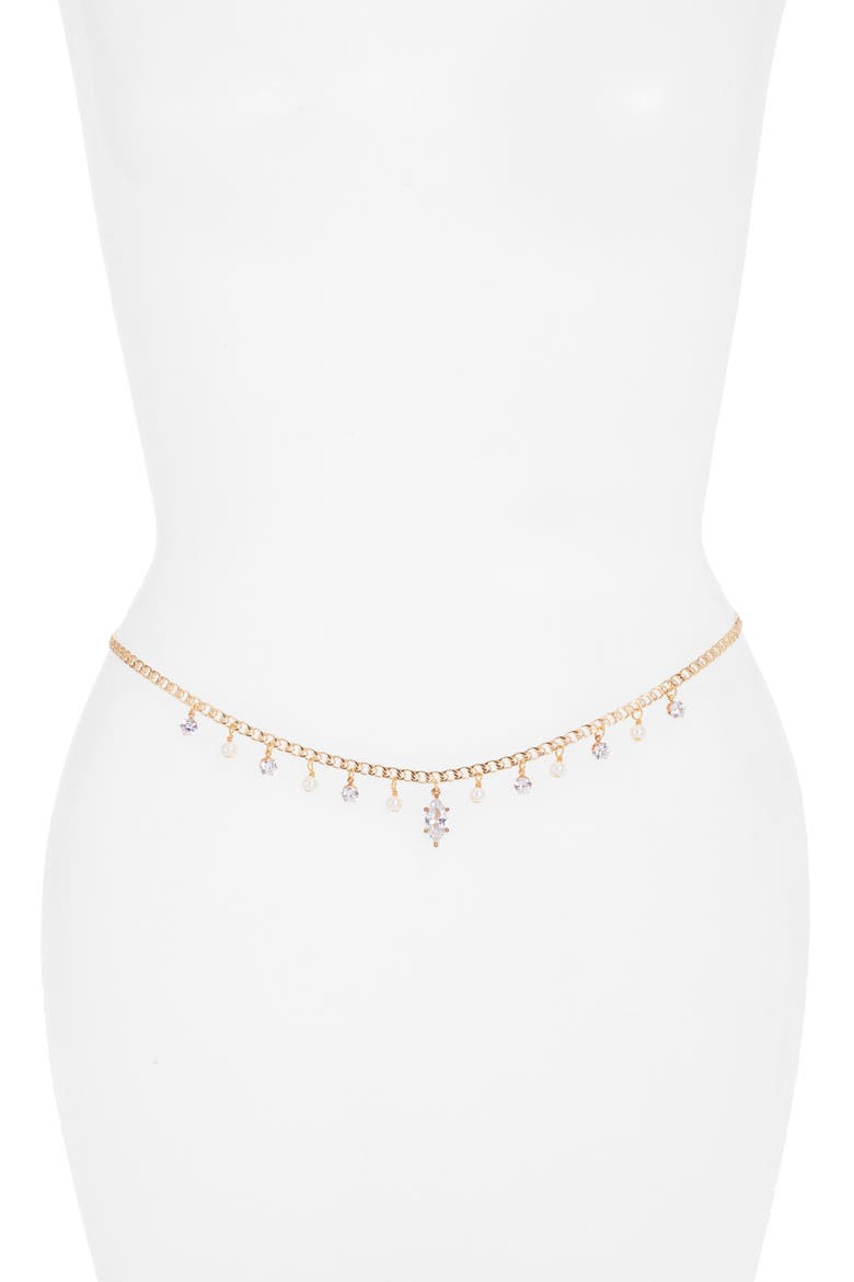 Imitation Pearl & Crystal Charm Belly Chain, Main, color, GOLD