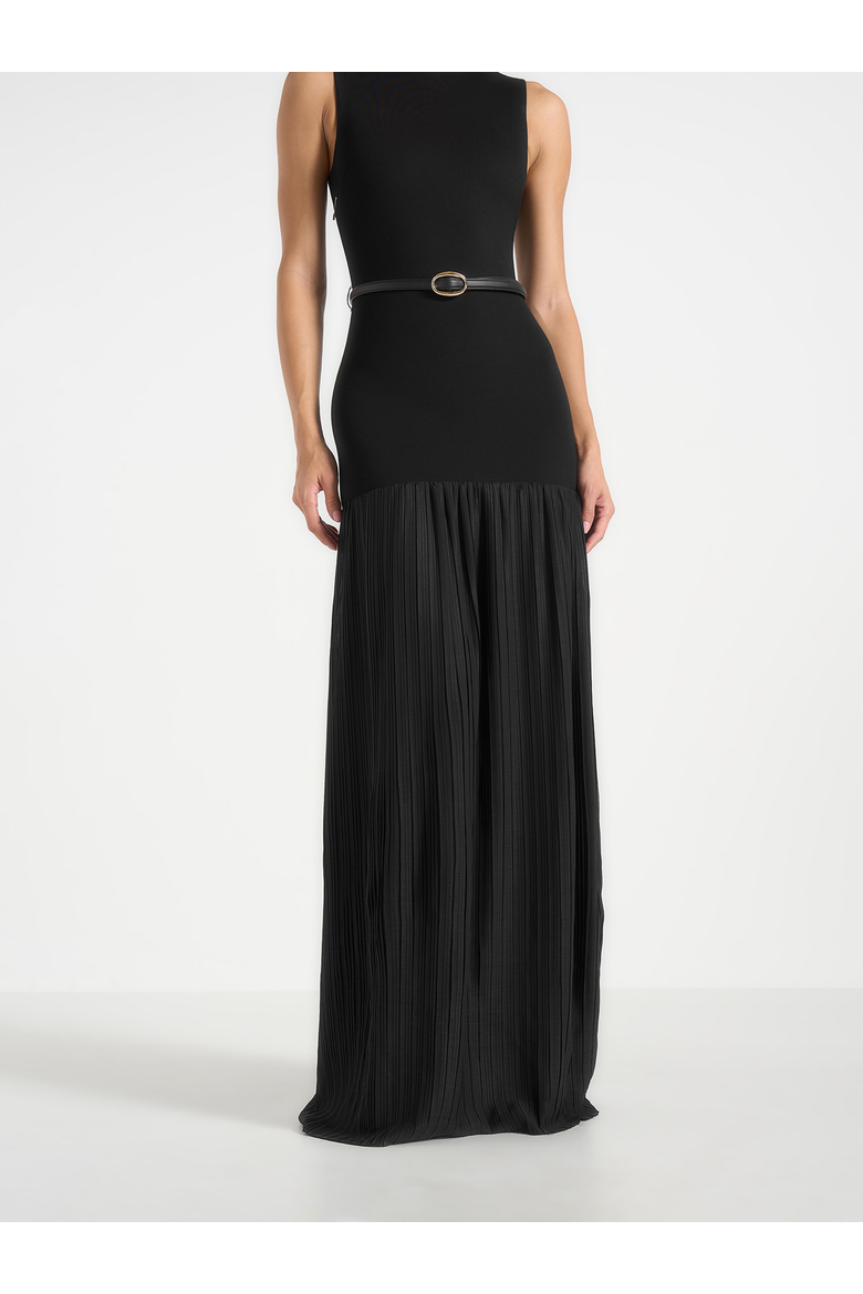Emma Crew Neck Belted Pleated Maxi Dress, Alternate, color, Black