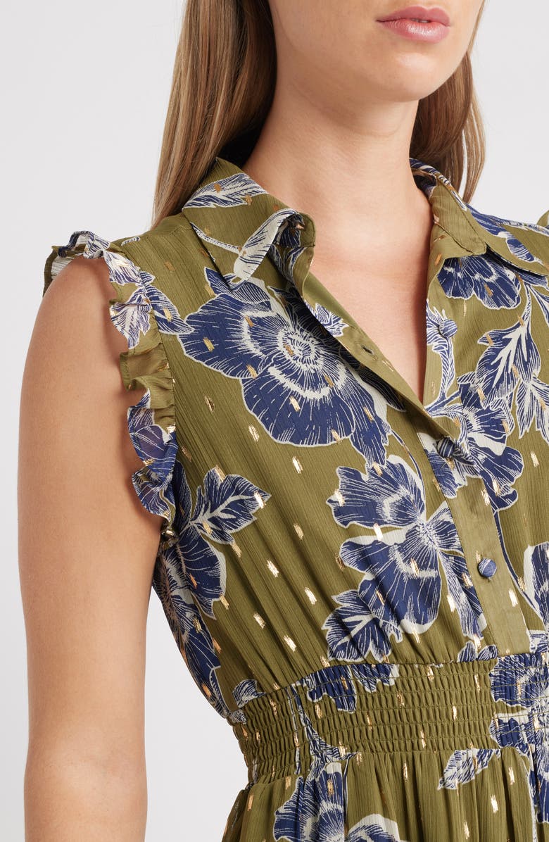 Anne Klein Sleeveless Metallic Floral Print Shirtdress, Alternate, color, Hunter Olive Multi