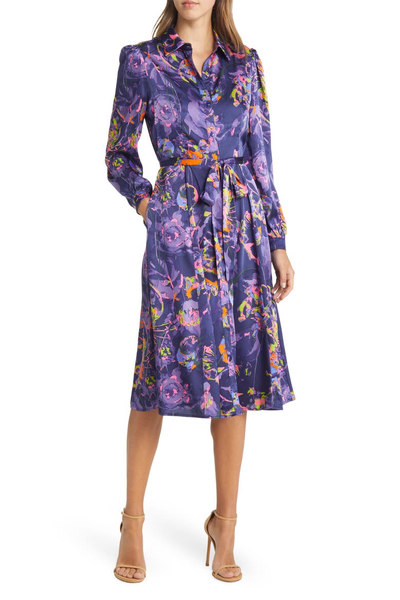 Neon Floral Long Sleeve Tie Waist Shirtdress, Main, color, NAVY