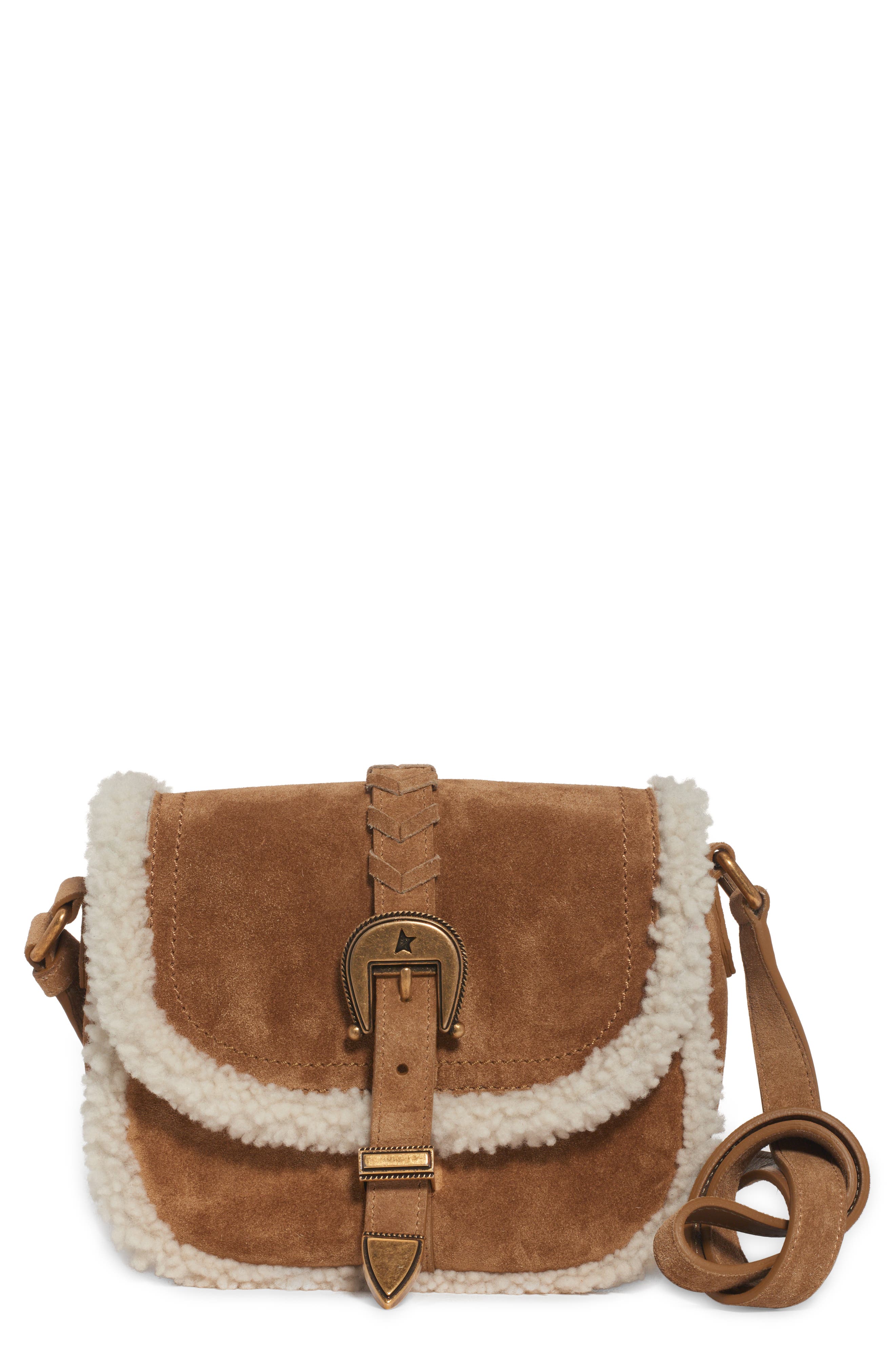 Golden Goose Small Rodeo Genuine Shearling Trim Suede Saddle Bag, Main, color, 
