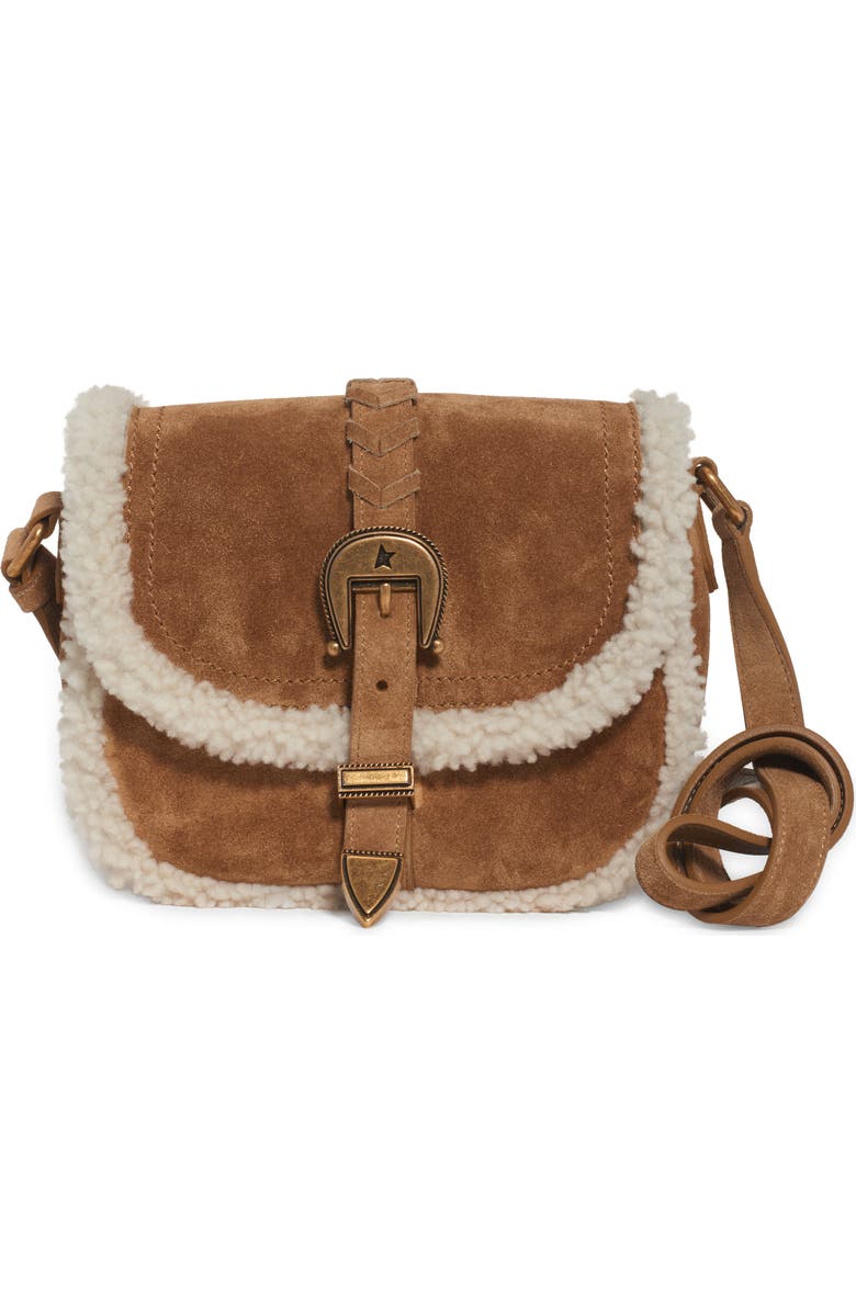 Golden Goose Small Rodeo Genuine Shearling Trim Suede Saddle Bag, Main, color,