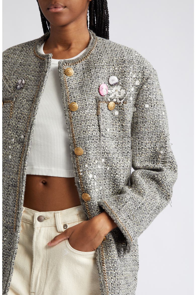 Paint Splatter Oversize Tweed Jacket, Alternate, color, GREY