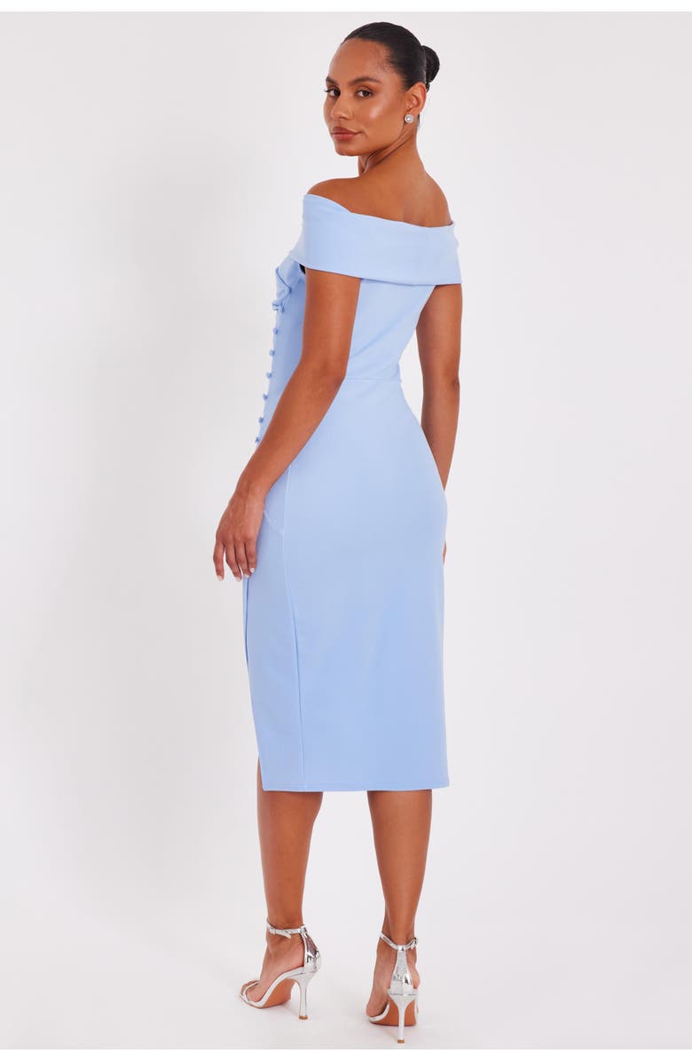 QUIZ Scuba Crepe Bardot Midi Dress With Button Detail, Alternate, color, Pale Blue