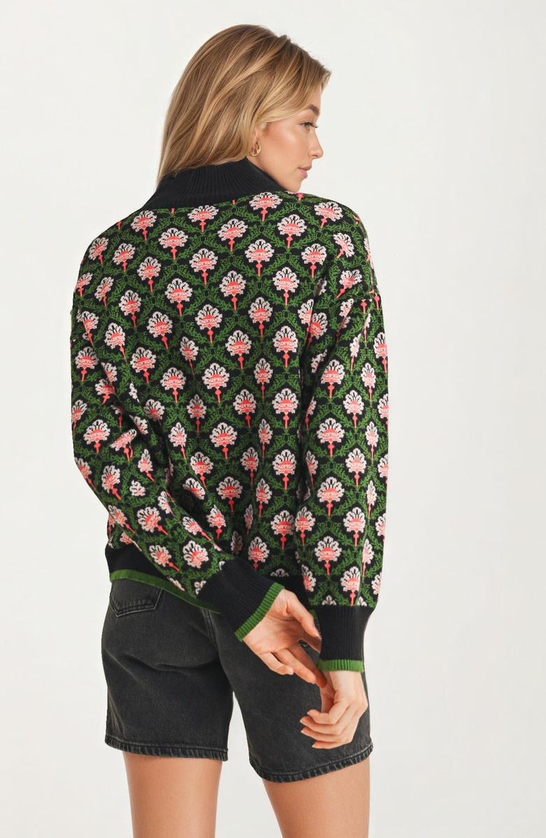 Knit and Lounge Floral Jacquard Quarter-Zip Sweater with Ribbed Trim, Alternate, color, 