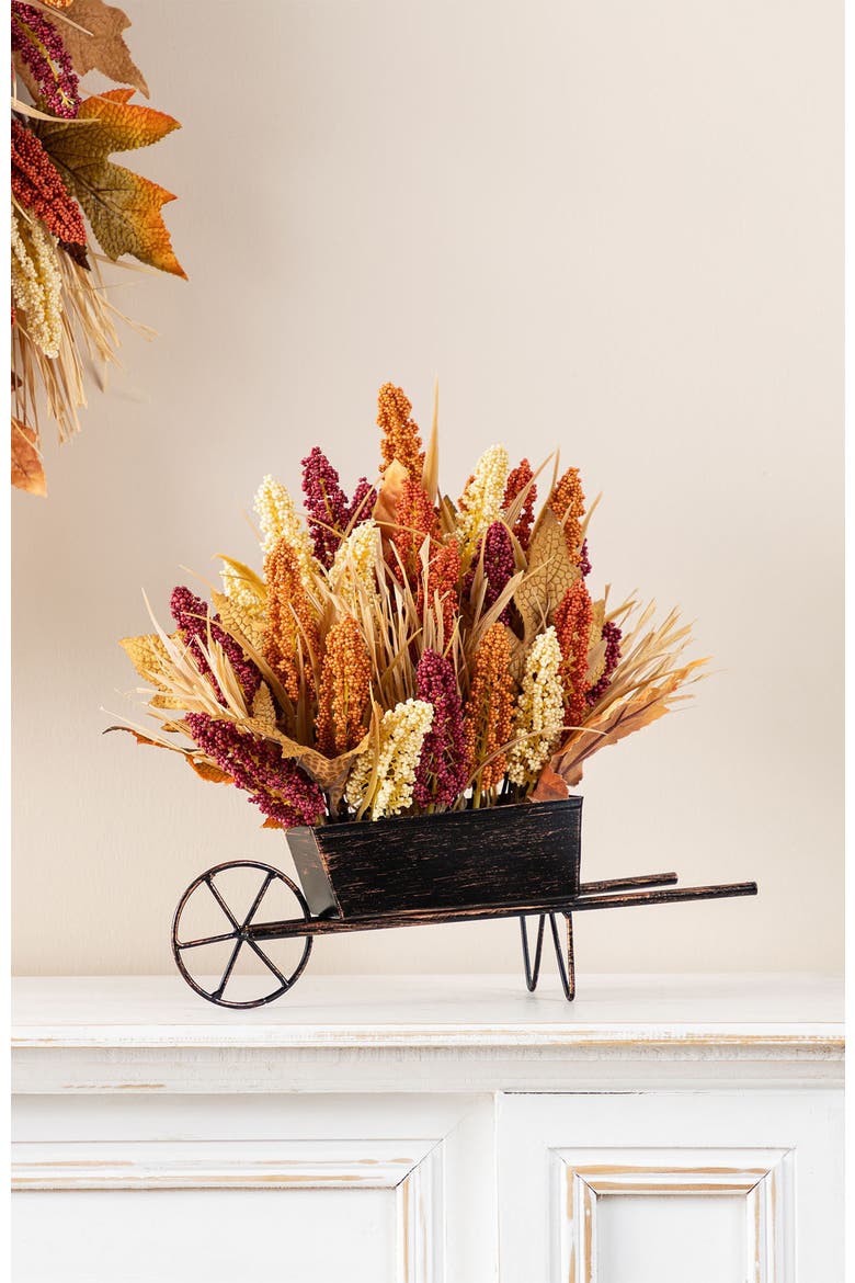 15"H Fall Multi-Colored Sorghum Cart Centerpiece, Alternate, color, Orange