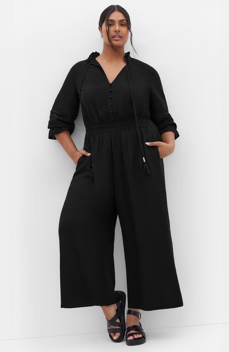 City Chic Faye Tie Neck Wide Leg Jumpsuit, Alternate, color, Black