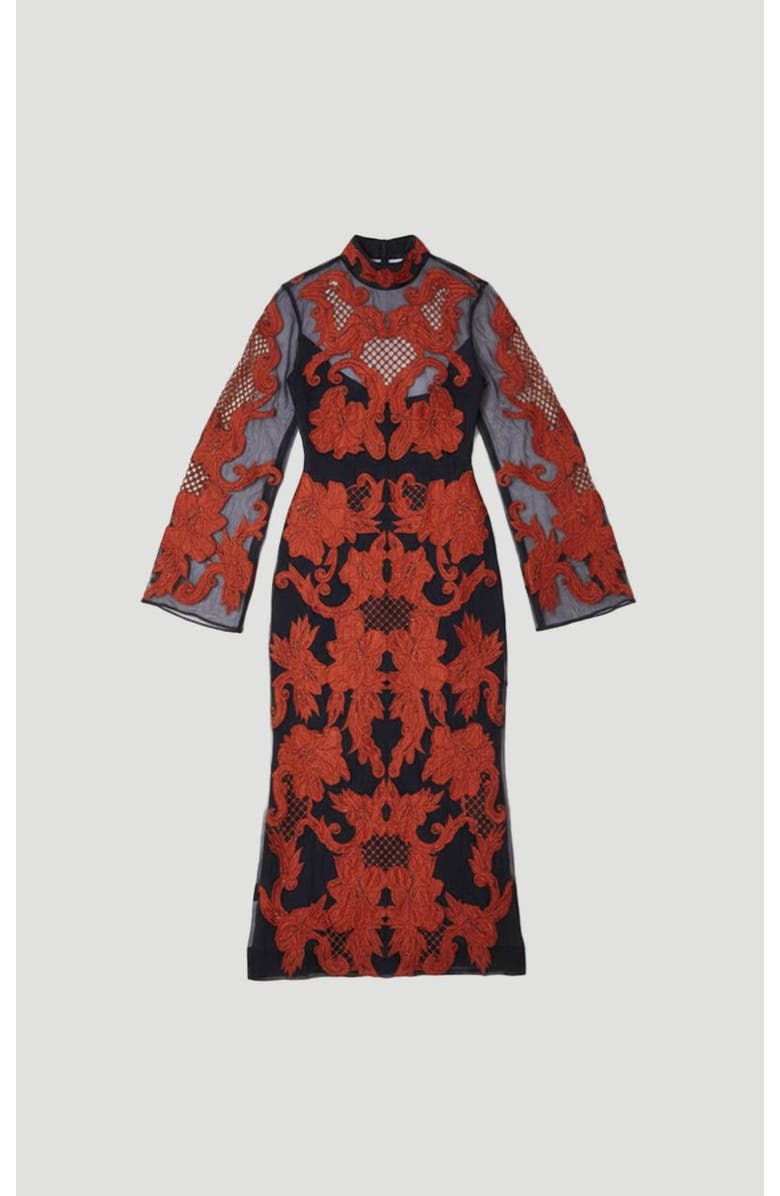 Karen Millen High Neck Embroidered Midi Dress, Alternate, color, Navy