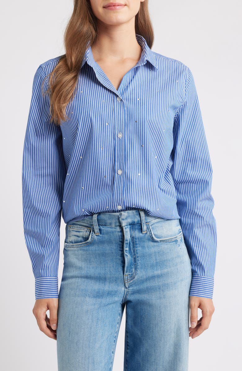 beachlunchlounge Lynden Embellished Stripe Cotton Blend Button-Up Shirt, Main, color, Royal Night