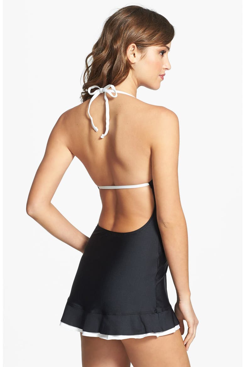 'Galaxy Dot' Bow Halter Swimdress, Alternate, color, BLACK