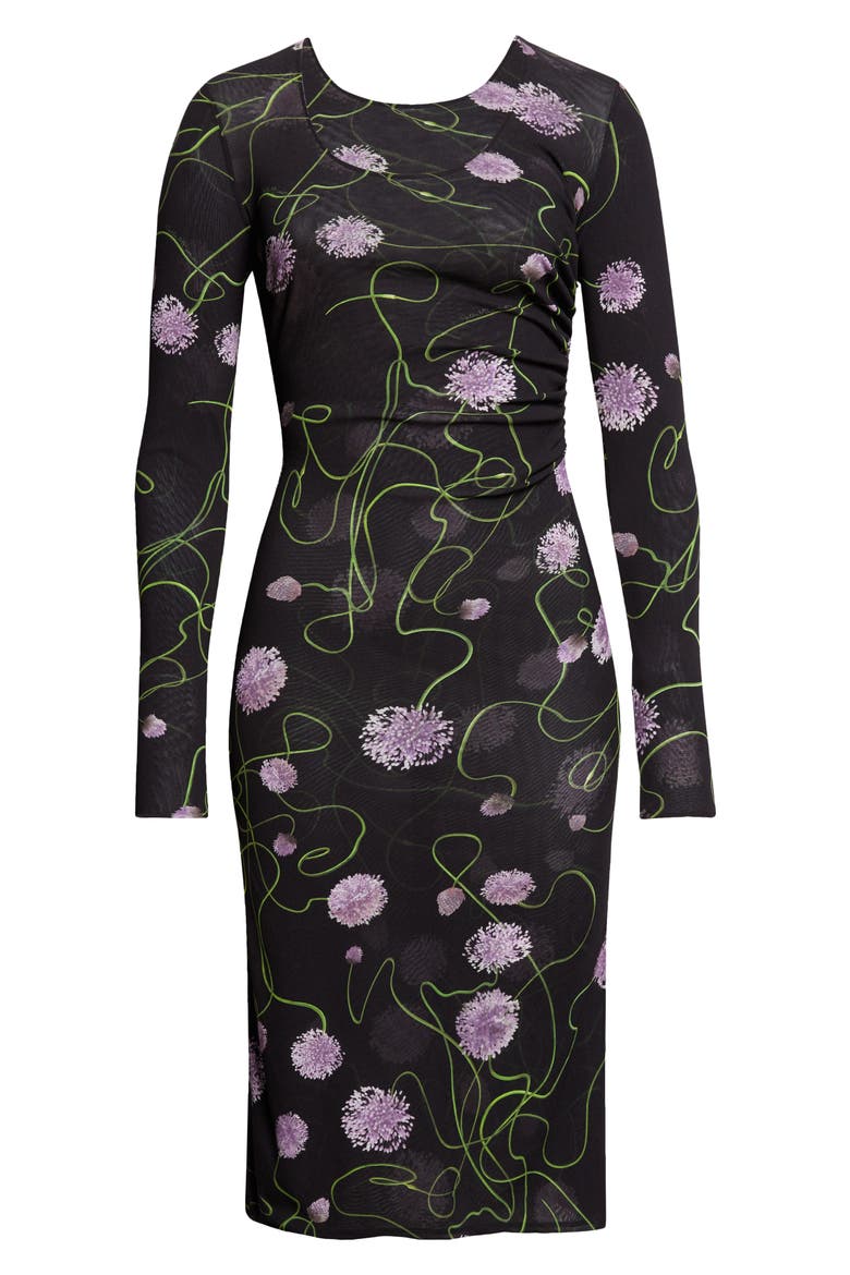 Twisted Floral Long Sleeve Mesh Body-Con Midi Dress, Alternate, color, BLACK MULTICOLOR
