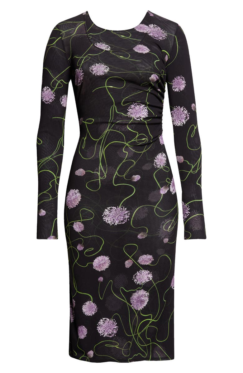 Stella McCartney Twisted Floral Long Sleeve Mesh Body-Con Midi Dress, Alternate, color, Black Multicolor