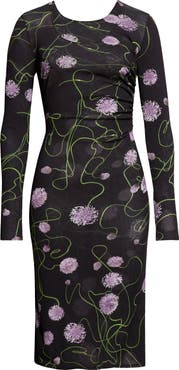 Stella McCartney Twisted Floral Long Sleeve Mesh Body-Con Midi Dress