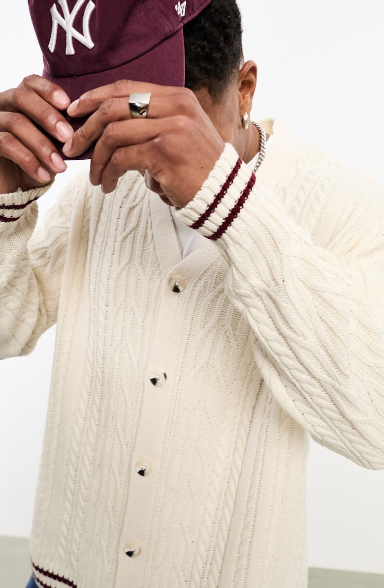 ASOS DESIGN Tipped V-Neck Cable Cricket Cardigan, Alternate, color, 