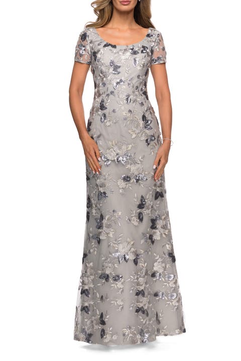 Floral Short Sleeve Formal Dress with Scoop Neck