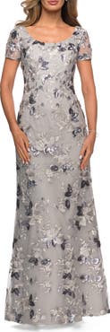 La Femme Floral Short Sleeve Formal Dress with Scoop Neck