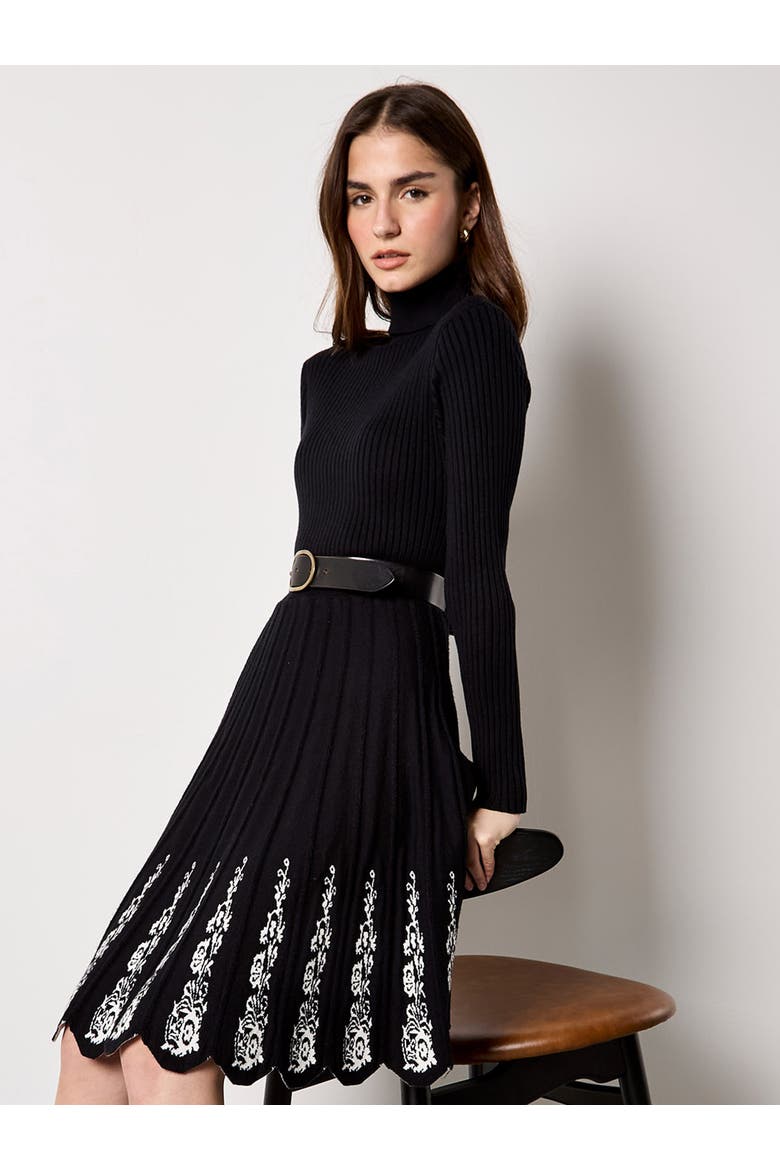 Lace Embroidery Fit Flare Knit Dress, Alternate, color, Black