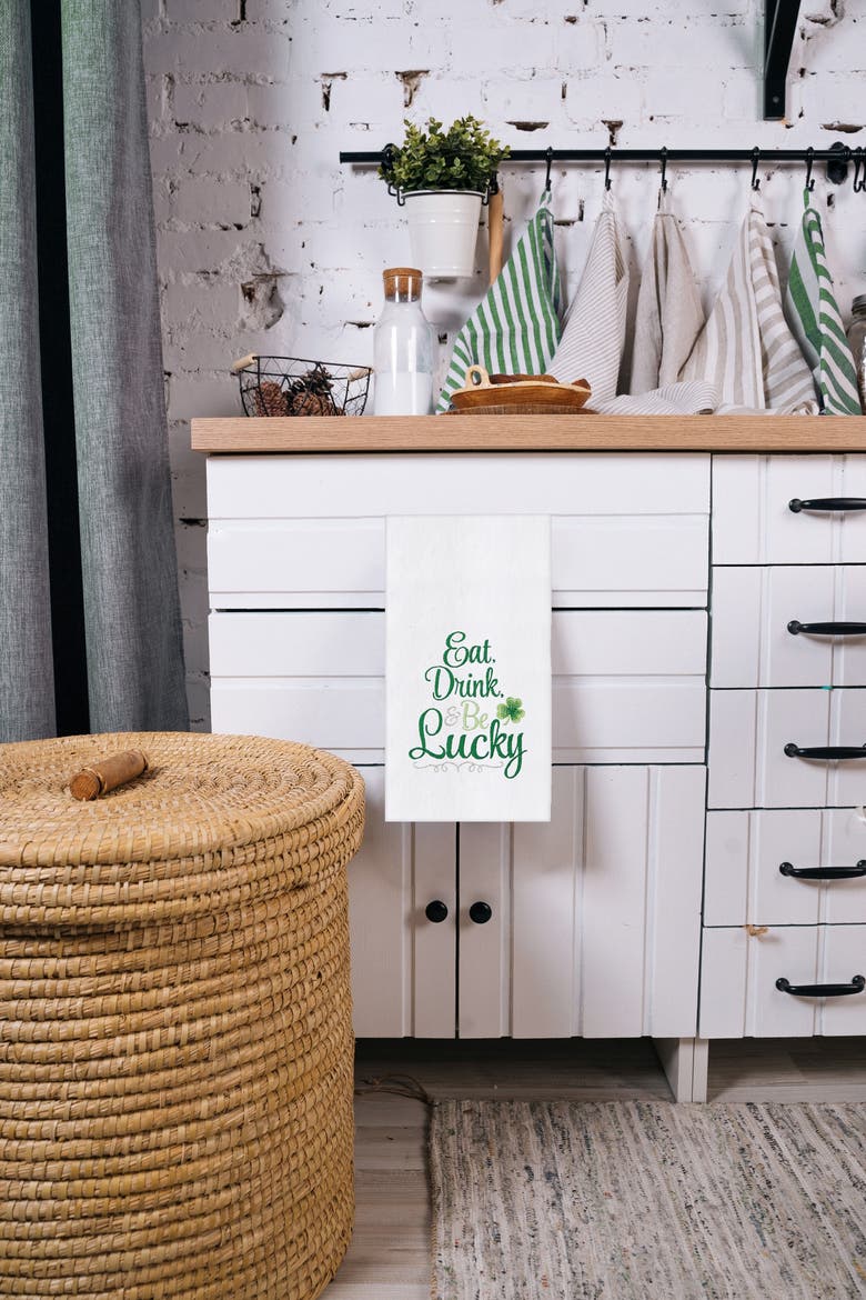 St. Patrick's Day "Eat Drink & Be Lucky" Irish Shamrock Clover Embroidered Flour Sack Kitchen Dishtowel, Alternate, color, White