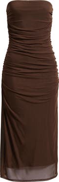 Open Edit Ruched Strapless Mesh Dress
