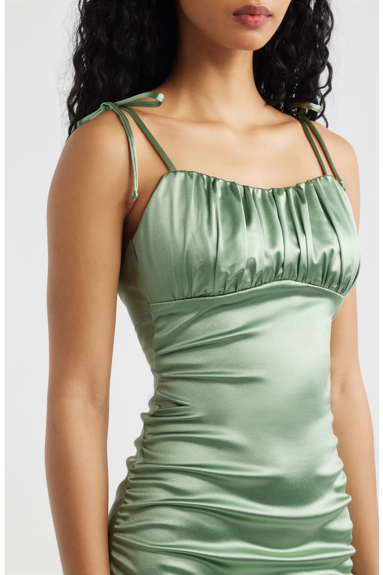 Emma Ruched Tie Strap Satin Gown, Alternate, color, PISTACHIO
