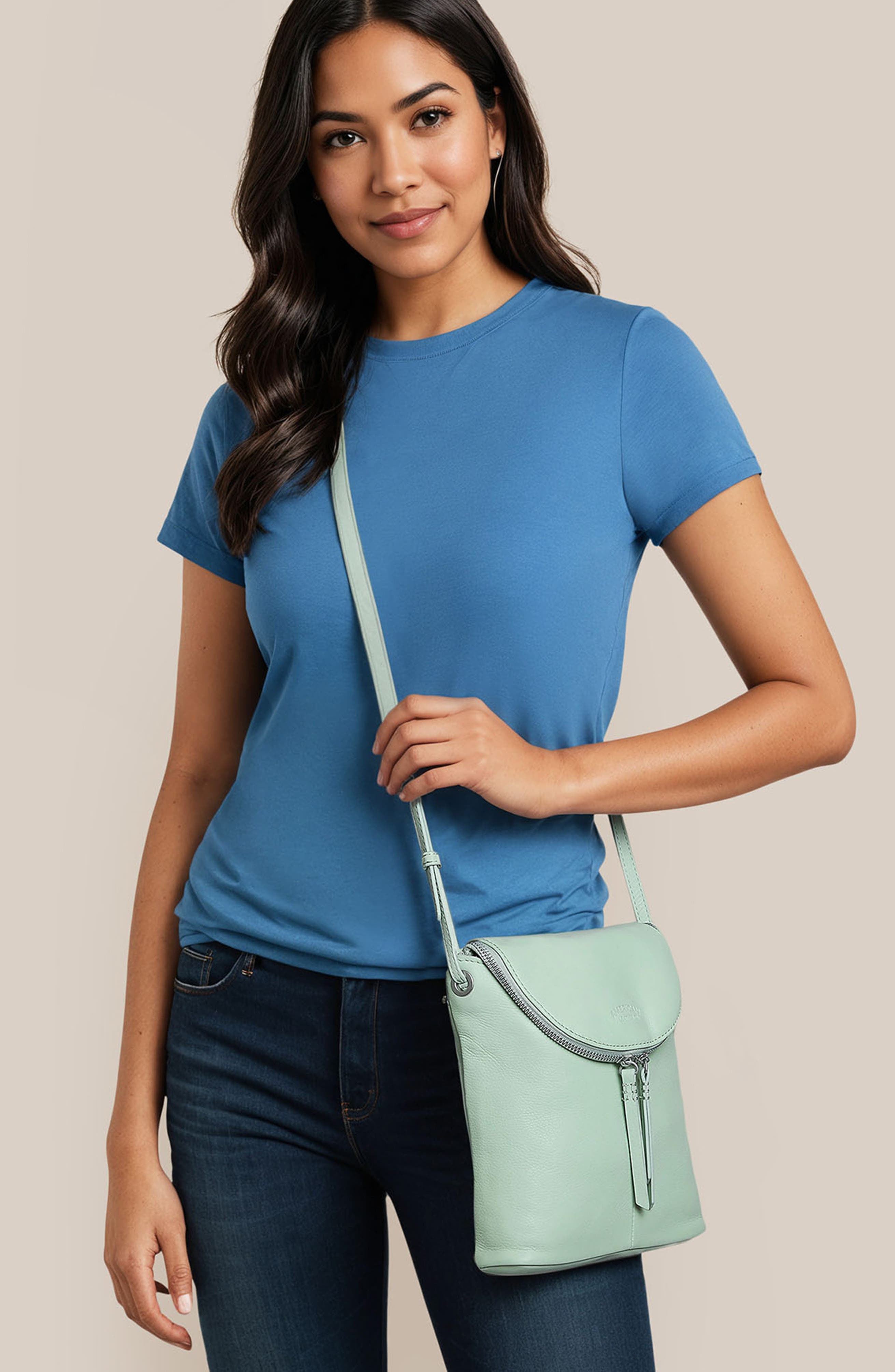 AMERICAN LEATHER CO. Large Hampton Leather Zip-Around Crossbody Bag, Alternate, color, Aquamarine
