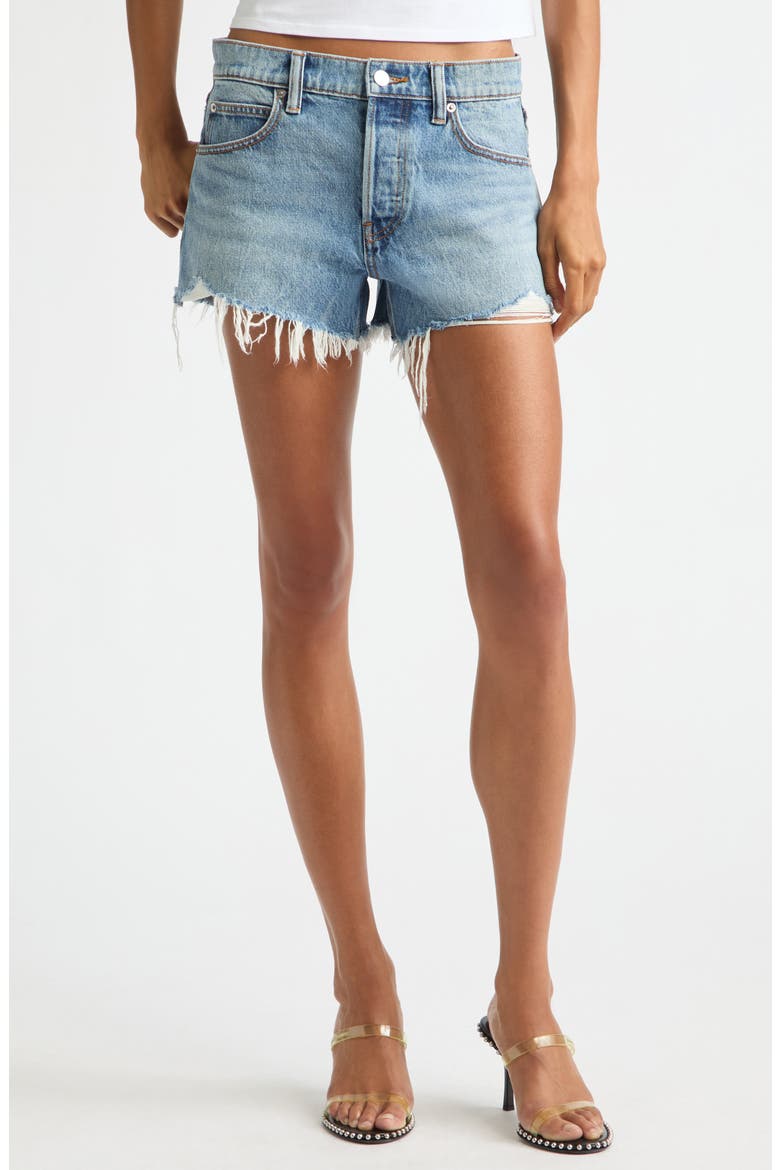 Hotfix Logo Relaxed Fit Cutoff Denim Shorts, Main, color, VINTAGE LIGHT INDIGO