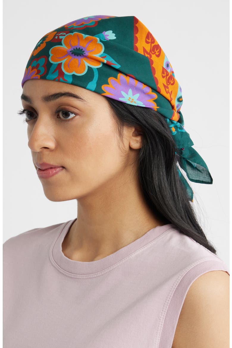 Beaded Cotton Bandana, Alternate, color, TEAL- ORANGE COMBO