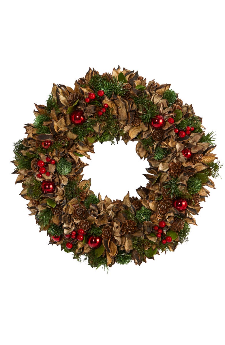 NEARLY NATURAL 15-in Holiday Artificial Wreath with Pine Cones and Ornaments, Main, color, Green