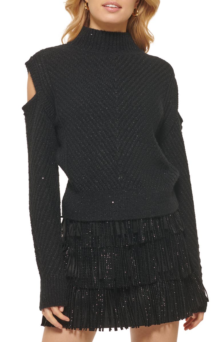 DKNY Sequin Cutout Sleeve Mock Neck Sweater, Main, color, 