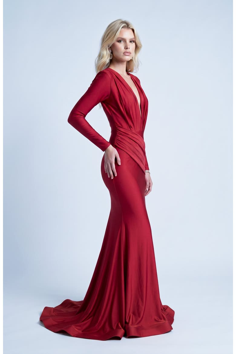 Long Sleeve Plunge V-Neck Ruched Mermaid Gown, Alternate, color, Red