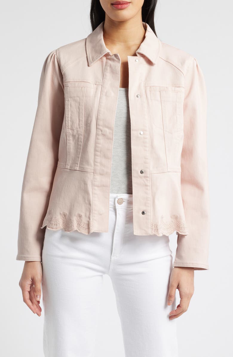 Wit & Wisdom Puff Shoulder Peplum Denim Jacket, Main, color, Whisper Pink