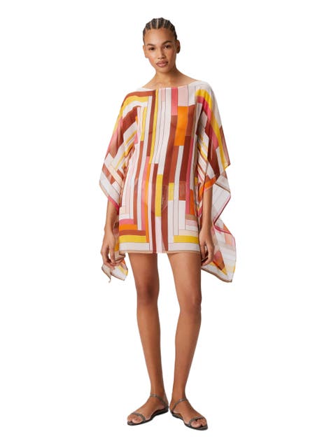 Short Printed Silk Kaftan With Wide Sleeves