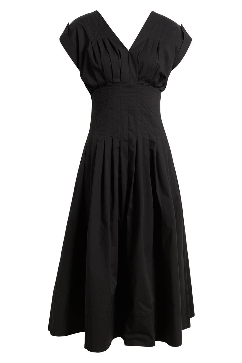 Pleated Waist Stretch Cotton Midi Dress, Alternate, color, ANNE BLACK