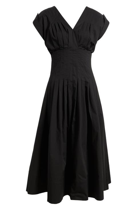 Pleated Waist Stretch Cotton Midi Dress (Regular & Petite)