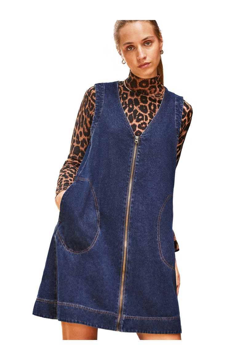Sleeveless Denim Zip Front Mini Dress, Main, color, Blue