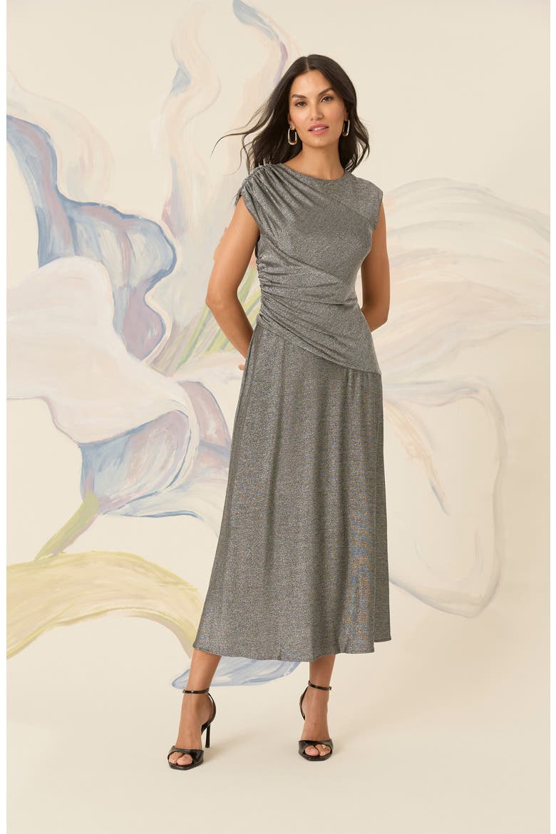 Cap Sleeve Metallic Midi Dress, Alternate, color, SILVER