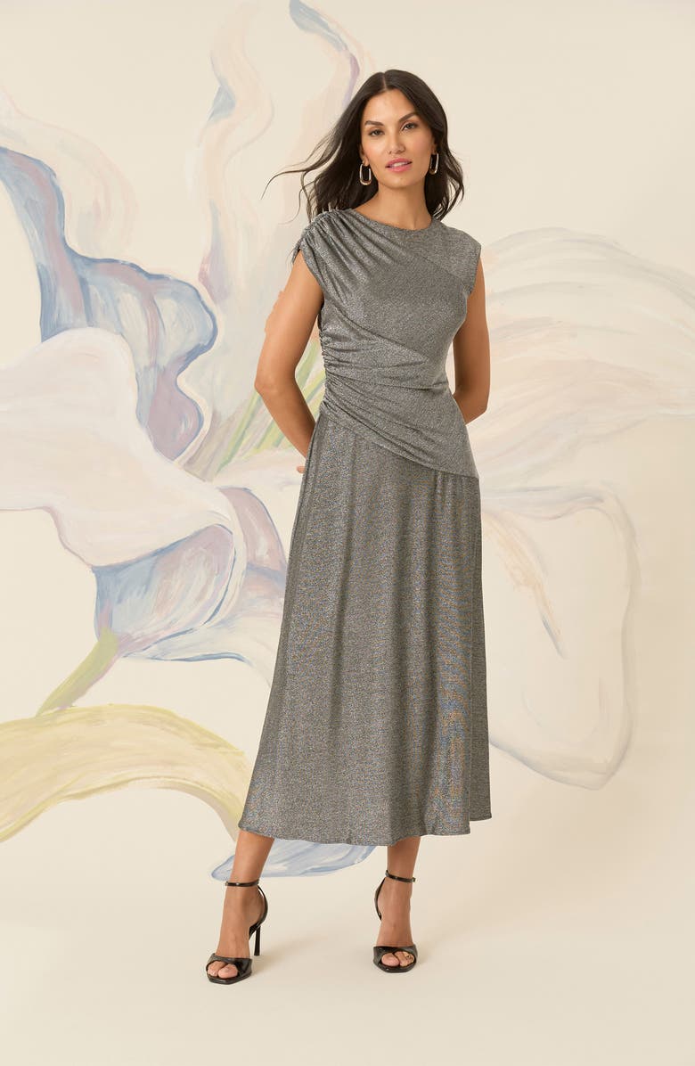 Maggy London Cap Sleeve Metallic Midi Dress, Alternate, color, Silver