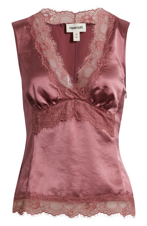 Open Edit Lace Trim Satin Tank In Pink