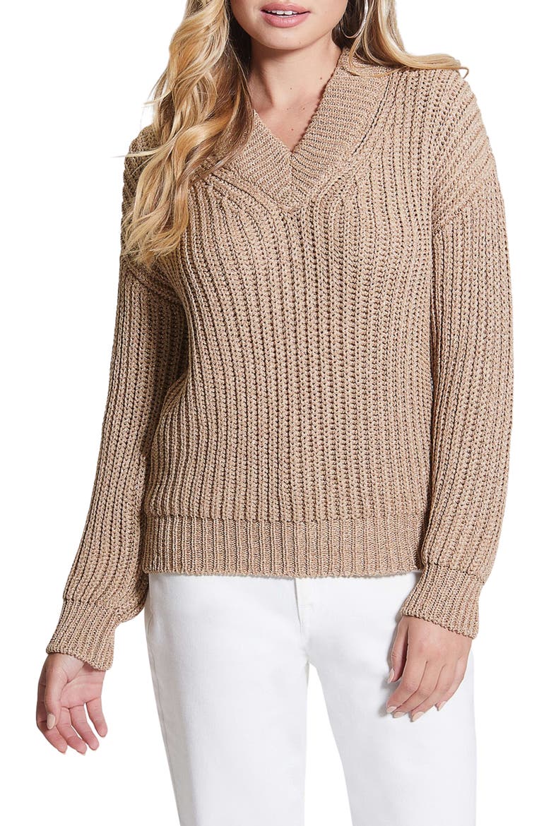 Lise Sparkle Cutout V-Neck Sweater, Main, color, DIRTY CHAI LUREX MULTI