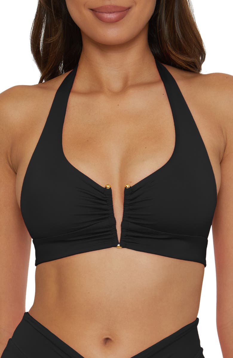 Becca Shirred V-Wire Halter Bikini Top, Main, color, Black