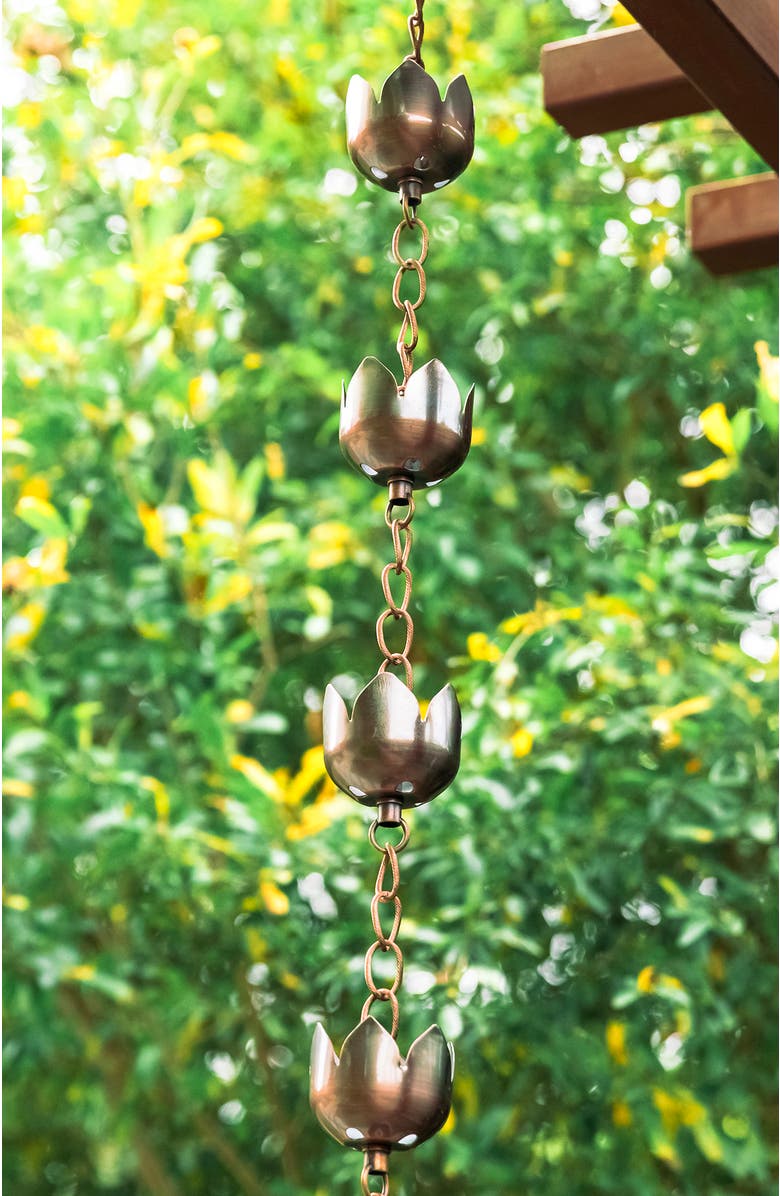 Glitzhome 8.5ft 15-Piece Faux Copper Lotus Shaped Rain Chain with V-Shaped Gutter Clip, Alternate, color, Brown