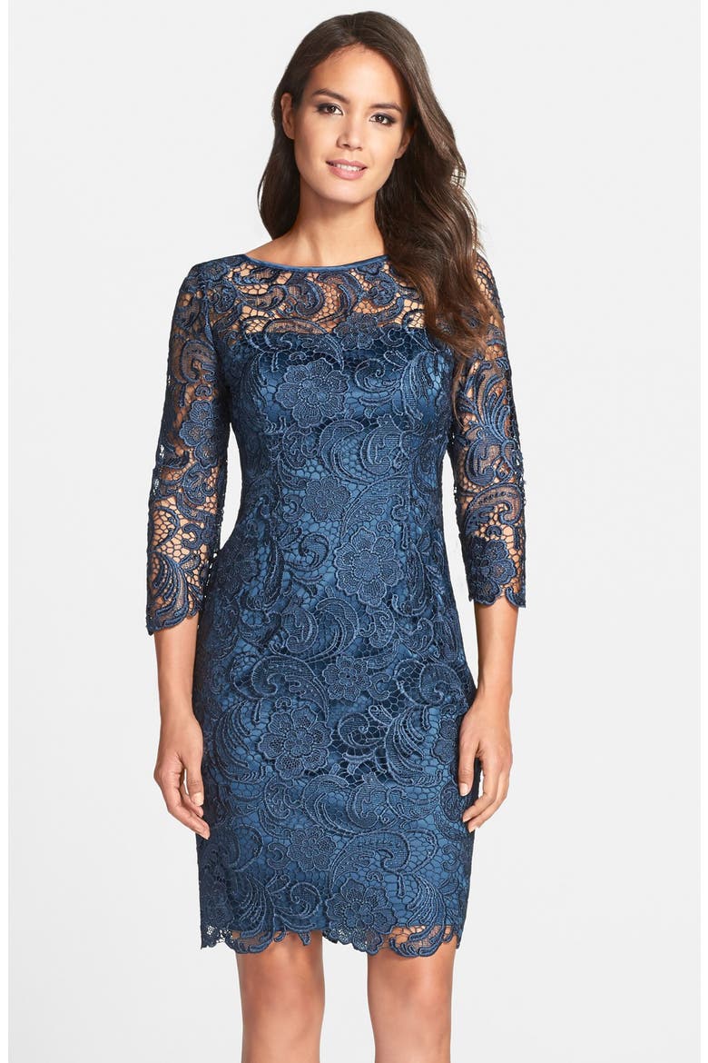 Illusion Yoke Guipure Lace Sheath Dress, Main, color, DEEP BLUE