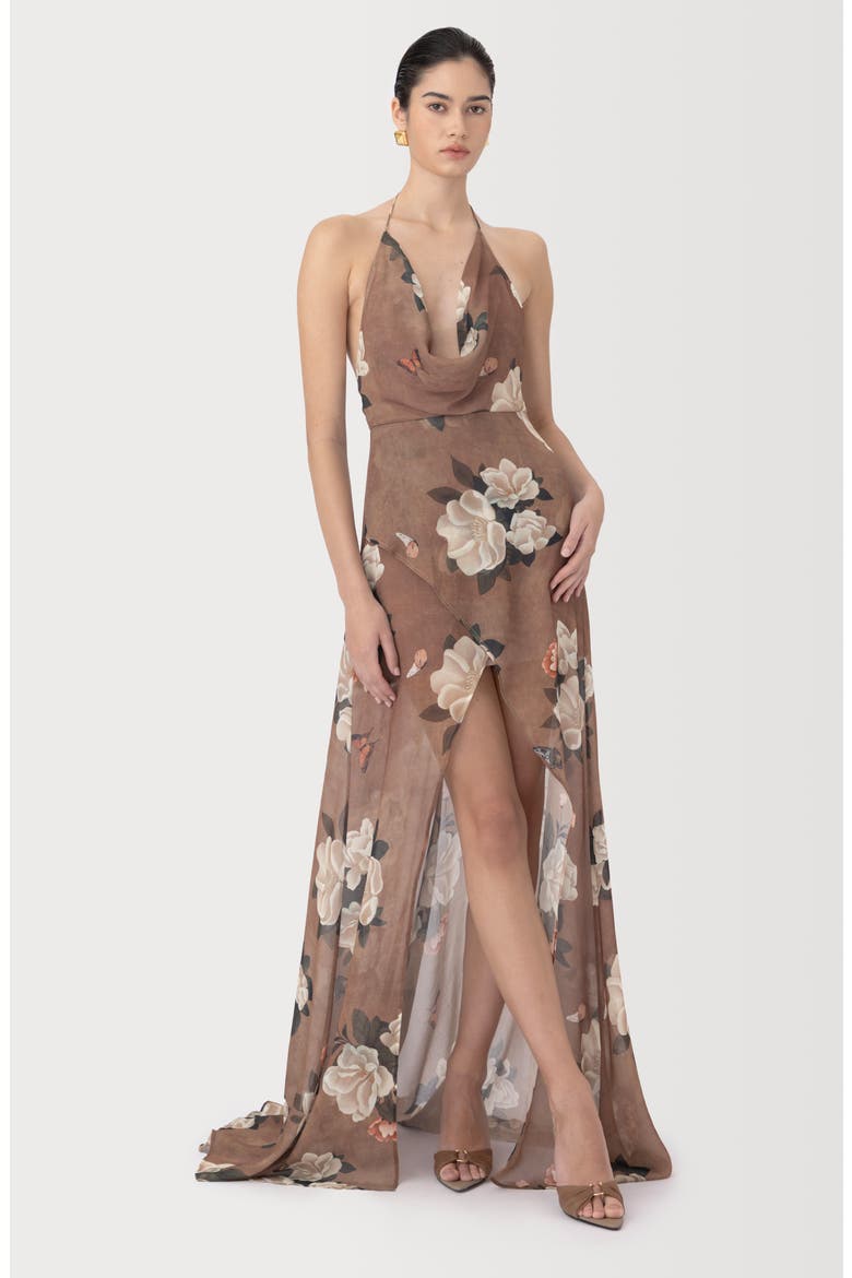 Cairo Floral Plunge Halter Neck Gown, Alternate, color, DESERT TAUPE