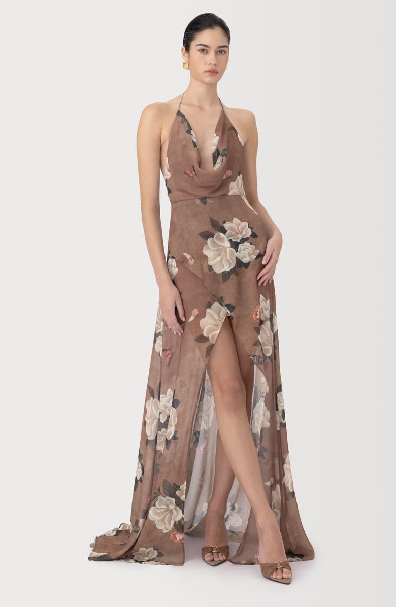 SAU LEE Cairo Floral Plunge Halter Neck Gown, Alternate, color, Desert Taupe