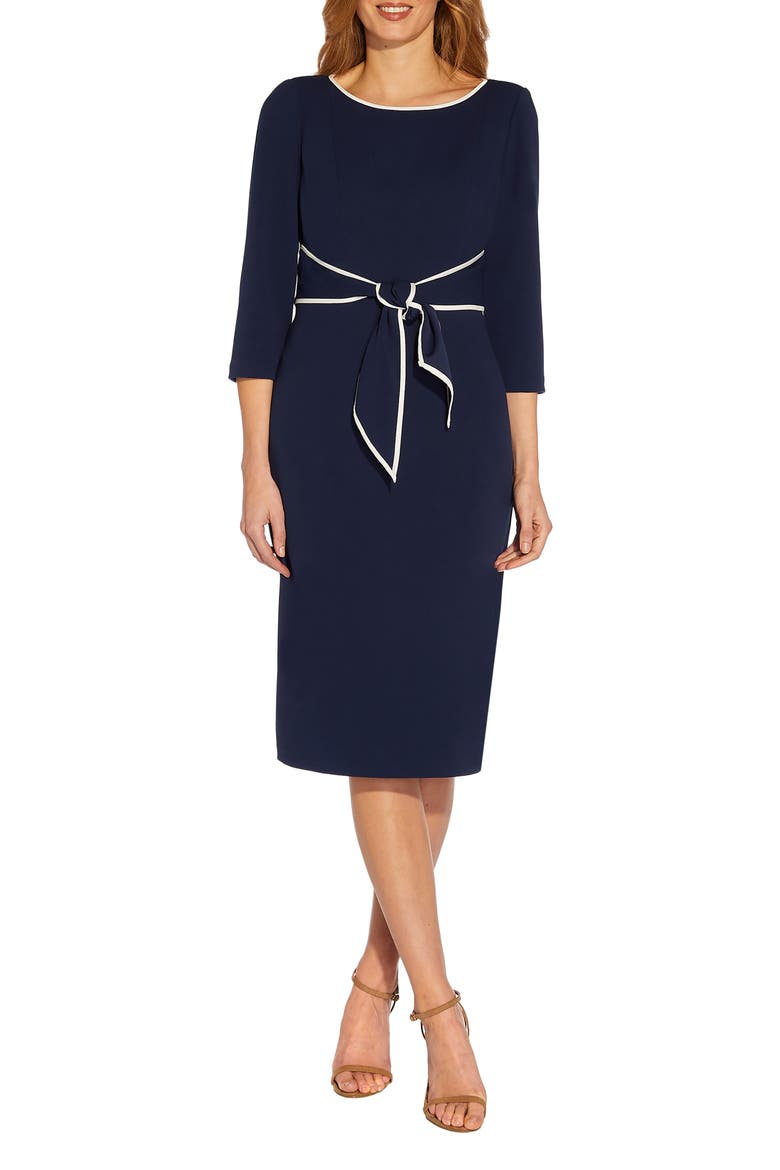 Tipped Three-Quarter Sleeve Crepe Dress, Main, color, NAVY SATEEN/IVORY