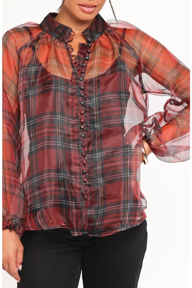 Marni Plaid Organza Button-Up Shirt, Alternate, color, RED PLAID