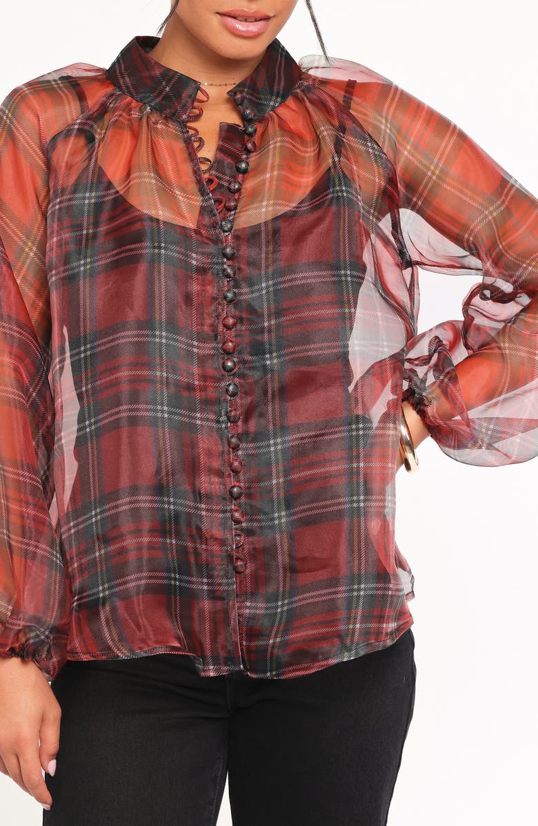 Petal & Pup Marni Plaid Organza Button-Up Shirt, Alternate, color, Red Plaid